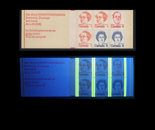 Canada #BK74kvar 1c, 6c, 8c Pale Orange - Royal Blue John A. Macdonald - Queen Elizabeth II, 1973-1978 Caricature Issue, A VFNH Complete Booklet Fluorescent Cover, NF Pane, Clear-Sealer