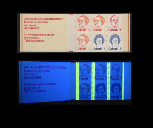 Canada #BK74lvar 1c, 6c, 8c Pale Orange - Royal Blue John A. Macdonald - Queen Elizabeth II, 1973-1978 Caricature Issue, A VFNH Complete Booklet HF Cover, MF Pane, Clear-Sealer