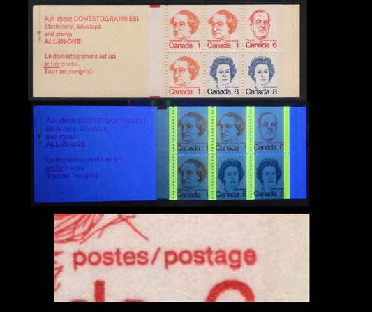 Canada #BK74kivar 1c, 6c, 8c Pale Orange - Royal Blue John A. Macdonald - Queen Elizabeth II, 1973-1978 Caricature Issue, A VFNH Complete Booklet HB10 Cover, NF Pane, Clear-Sealer, Re-Entry In "GE" Of "Postage"