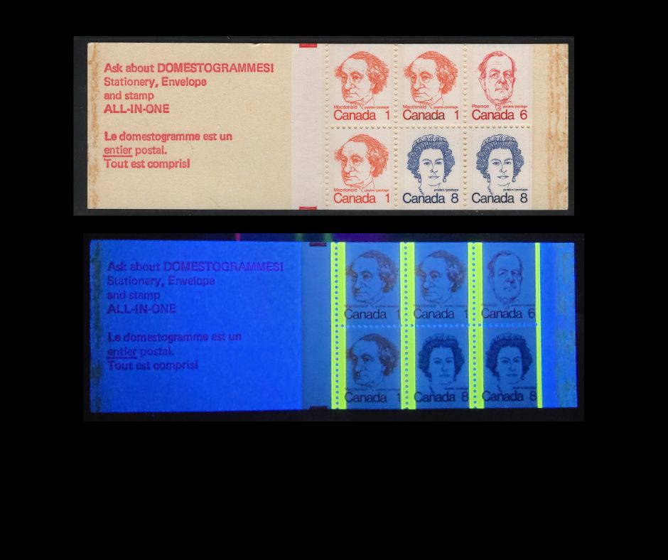 Canada #BK74avar 1c, 6c, 8c Orange - Royal Blue John A. Macdonald - Queen Elizabeth II, 1973-1978 Caricature Issue, A VFNH Complete Booklet HB11 Cover, DF Pane, Self-Sealer