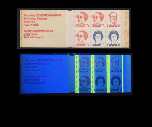 Canada #BK74avar 1c, 6c, 8c Orange - Royal Blue John A. Macdonald - Queen Elizabeth II, 1973-1978 Caricature Issue, A VFNH Complete Booklet HB11 Cover, DF Pane, Self-Sealer