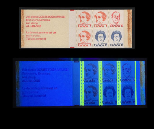 Canada #BK74lvar 1c, 6c, 8c Orange - Royal Blue John A. Macdonald - Queen Elizabeth II, 1973-1978 Caricature Issue, A VFNH Complete Booklet HB11 Cover, LF Pane, Self-Sealer