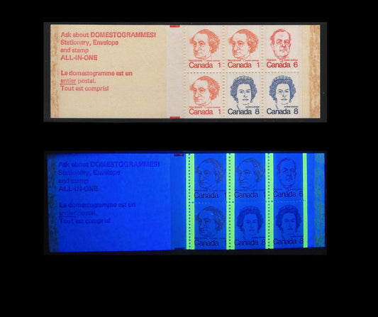 Canada #BK74lvar 1c, 6c, 8c Pale Orange - Royal Blue John A. Macdonald - Queen Elizabeth II, 1973-1978 Caricature Issue, A VFNH Complete Booklet HB11 Cover, MF Pane, Self-Sealer