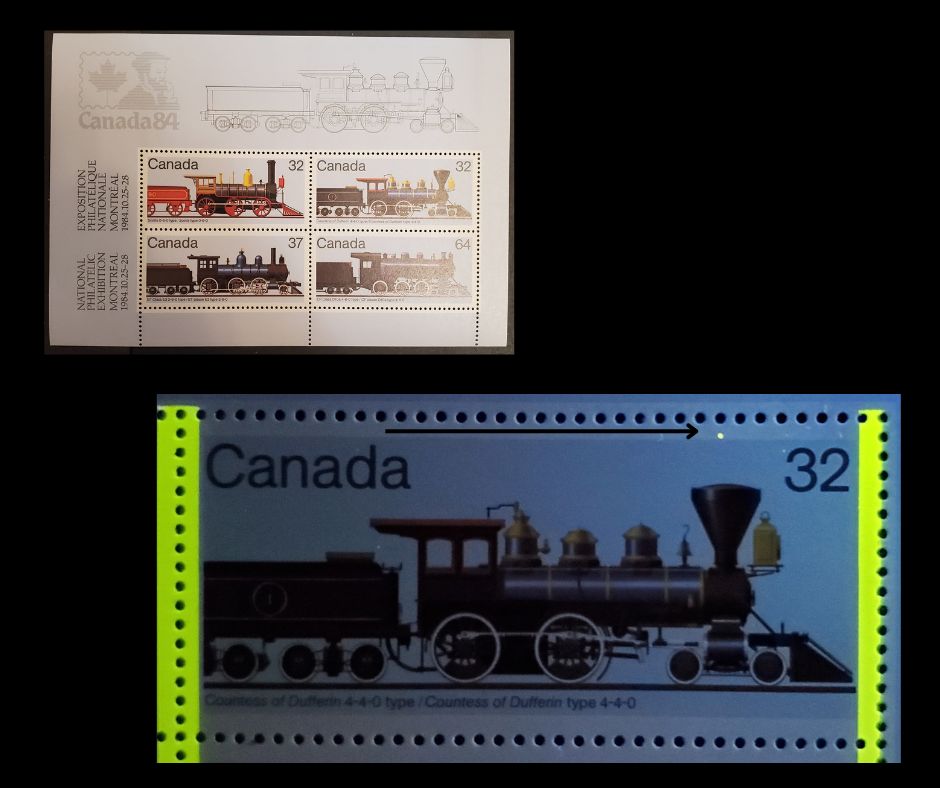 Canada  1039avar 32c, 37c, 64c Multicoloured Locomotives, 1984 Canadian Locomotive Issue, A VFNH Souvenir Sheet of 4 DF1/DF2 Harrison Paper, Constant Taggant Dot Above Smokestack Variety (Tertiary)