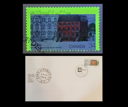Canada #1122T1 34c Multicoloured Toronto Post Office, 1987 CAPEX '87 Issue, 1 VF Official Canada Post FDC With Single Showing Near G4aT Tagging Error