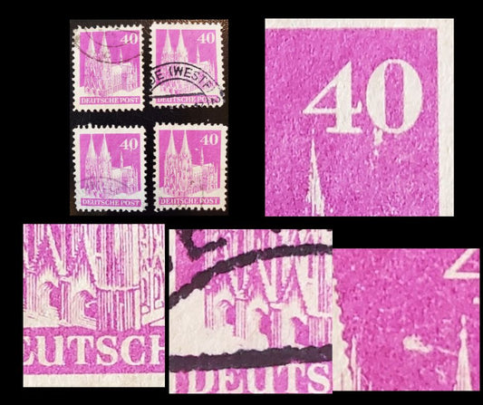 Lot 327 Germany - American and British Zone MI#90bIWE/90bIIIWE (657) 1948-1951 Buildings Issue, 40pf Rose Lilac, VF Used Examples With Unlisted Plate Flaws, Net Est. $12