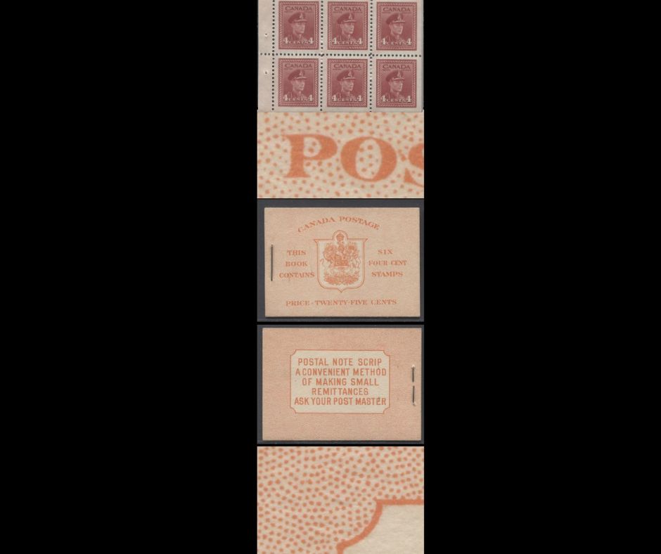 Canada #BK36gEIIiCbii 1942-1947 War Issue, A Complete 25c English Booklet, A Pane Of 6 4c Dark Carmine, Front Cover IIi, Back Cover Cbii, Type IIa, 7c & 6c Rate Page, 'Post Master' Two Words, 24,114,000 Issued, Horizontal Ribbed Panes
