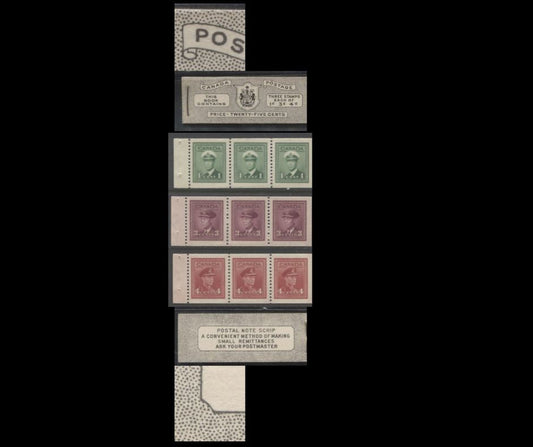 Canada #BK38aEIVbHaii 1942-1949 War Issue Complete 25c, English Booklet Containing 1 Pane Each of 3 of 1c Green, 3c Rosy Plum and 4c Carmine Red, Harris Front Cover Type IVb , Back Cover Haii, 7c & 6c Rate Page, Horiz. Ribbed