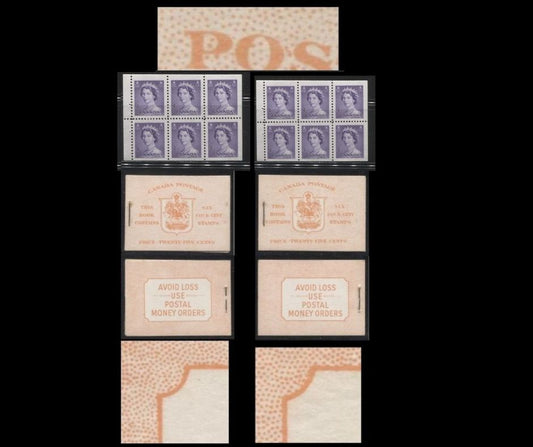 Canada #BK45EIIiEiii-Eiv 1953-1954 Karsh Issue Complete 25c, 2 English Booklets Containing 1 Pane of 6 of the 4c Violet Queen Elizabeth II - Back Covers Eiii and Eiv for Harris Front Cover Type IIi