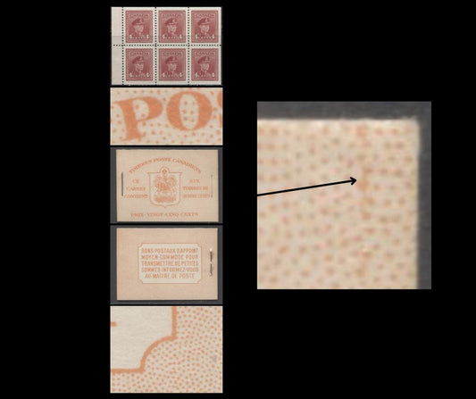 Canada #BK36dFIIuDiv 1942-1947 War Issue, A Complete 25c French Booklet, A Pane Of 6 4c Dark Carmine, Front Cover IIu, Back Cover Div, Type II Bright Orange Covers, 7c & 6c Rate Page, 1,789,000 Issued