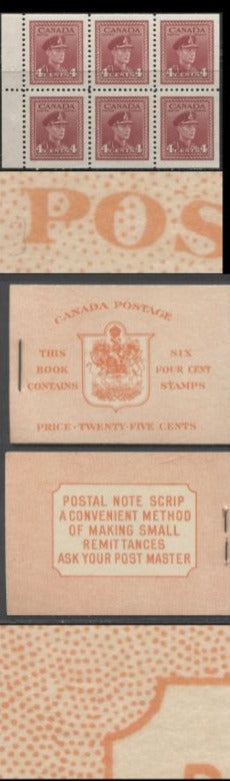Lot 338 Canada #BK36g 1942-1947 War Issue, A Complete 25c English Booklet, A Pane Of 6 4c Dark Carmine, Front Cover IIi, Back Cover Cbi, Type IIa, 7c & 6c Rate Page, 'Post Master' Two Words, CBN-XXXXX