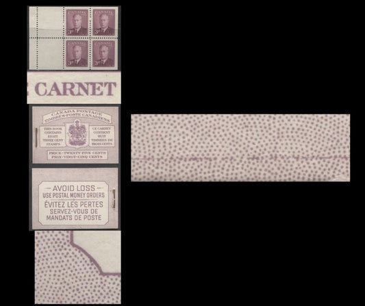 Canada #BK40bBIIIcGi 1949-1951 KGVI Issue, A Complete 25c Bilingual Booklet With 3c Rose Violet, 2 Panes Of 4+2 Labels. Front Cover IIIc, Back Cover Gi, Type II Cover, No Rate Page, Showing Die Join On The Bottom Front Cover,