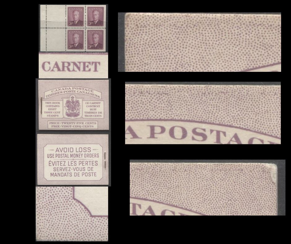 Canada #BK40bBIIIdGi 1949-1951 KGVI Issue, A Complete 25c Bilingual Booklet With 3c Rose Violet, 2 Panes Of 4+2 Labels. Front Cover IIId, Back Cover Gi, Type II Cover, No Rate Page, Showing Die Join At Top Front Cover