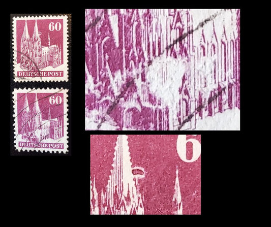 Lot 328 Germany - American and British Zone MI#93IVWA & 93IWB (654-a) 1948-1951 Buildings Issue, 60pf Brown Violet, VF Used Examples of the Line Perf. 11 and Comb Perf. 14.25 x 14 With Unlisted Plate Flaws, Net Est. $20