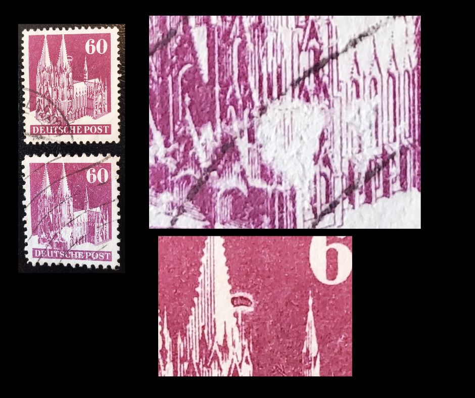 Germany - American and British Zone MI#93IVWA & 93IWB (654-a) 1948-1951 Buildings Issue, 60pf Brown Violet, VF Used Examples of the Line Perf. 11 and Comb Perf. 14.25 x 14 With Unlisted Plate Flaws, Net Est. $20