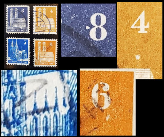 Lot 325 Germany - American and British Zone MI#74bWA/79WB (635a/640) 1948-1951 Buildings Issue, 4pf Orange Brown - 8pf Dark Slate Blue, F-VF Used Examples With Unlisted Plate Flaws, Net Est. $10