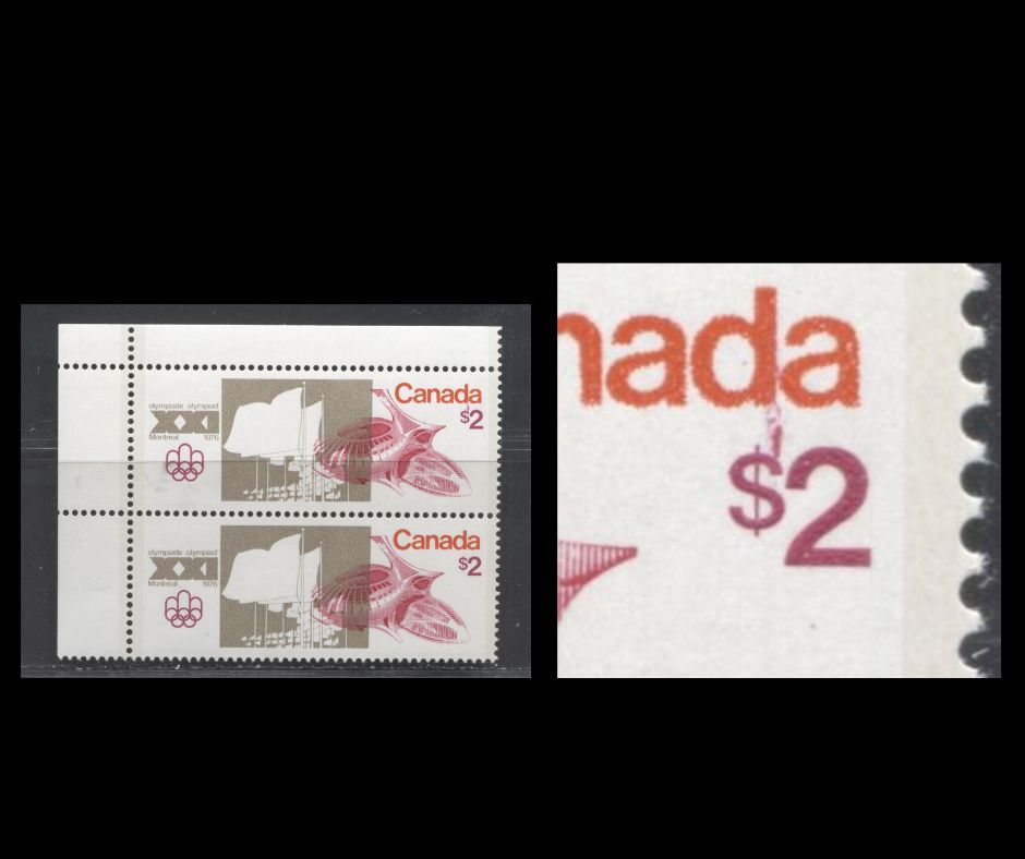 Lot 439 Canada #688ivar $2 Multicoloured 1976 Olympic Sites, A VFNH UL Sheet Margin Pair Printed on LF/LF Paper, Showing Dash and Smudge Above “$”