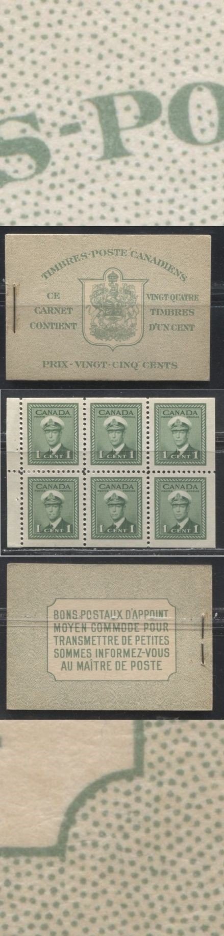 Canada #BK32dIIjDii 1942-1949 War Issue, Complete French Booklet, 4 Panes of 1c Green, Smooth Wove Paper, Harris Front Cover Type IIj, Back Cover Type Dii, 7c & 6c Airmail Rates Page