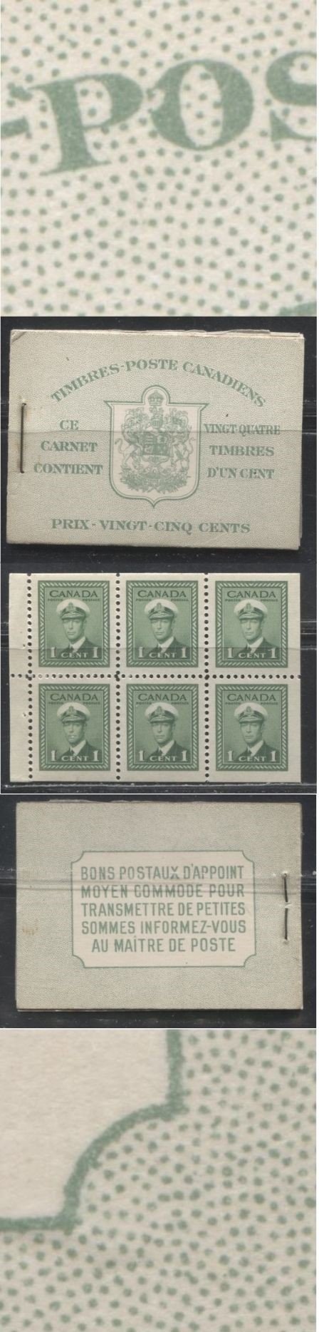 Canada #BK32dIIkDiv 1942-1949 War Issue, Complete 25¢ French Booklet, 4 Panes of 1c Green, Ribbed Vertical Wove Paper, Harris Front Cover Type IIk, Back Cover Type Div, 7c & 6c Airmail Rates Page