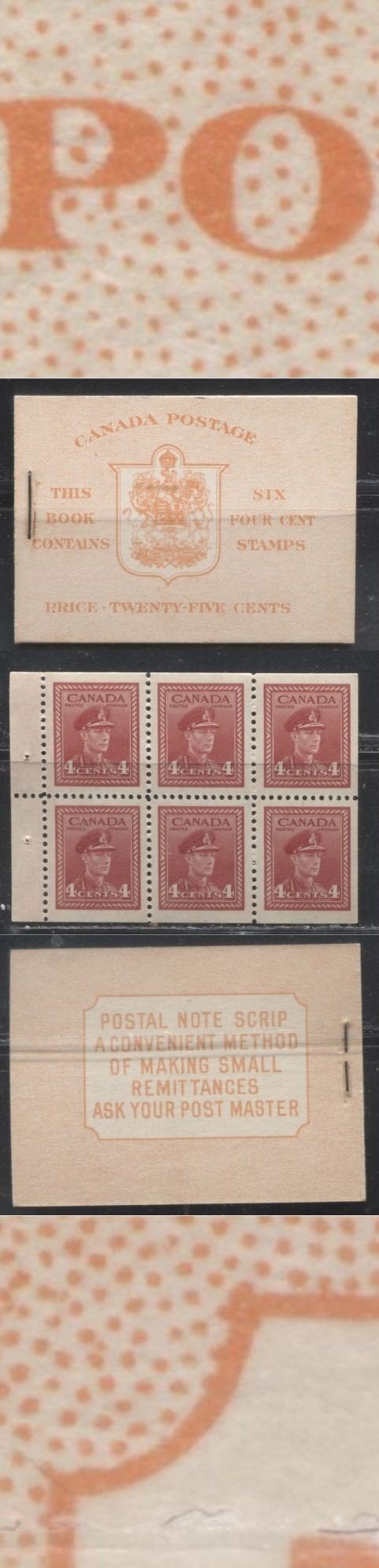 Canada #BK36fIIiCbiii (McCann #36lIIiCbiii) 1942-1949 War Issue,Type IIa "Post Master" Complete 25¢ English Booklet, 1 Pane of 4c Carmine-Red, Harris Front Cover IIi, Back Cover Type Cbiii, Surcharged 7c and 6c Rate Page, 14 mm Staple