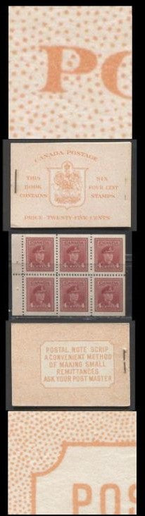 Lot 337 Canada #BK36f (McCann #36l) 1942-1949 War Issue, Type IIa "Post Master" Complete 25¢ English Booklet, 1 Pane of 4c Carmine-Red, Harris Front Cover IIi, Back Cover Type Cbii, Surcharged 7c and 6c Rate Page, 14 mm Staple, CBN-MMMMMMM