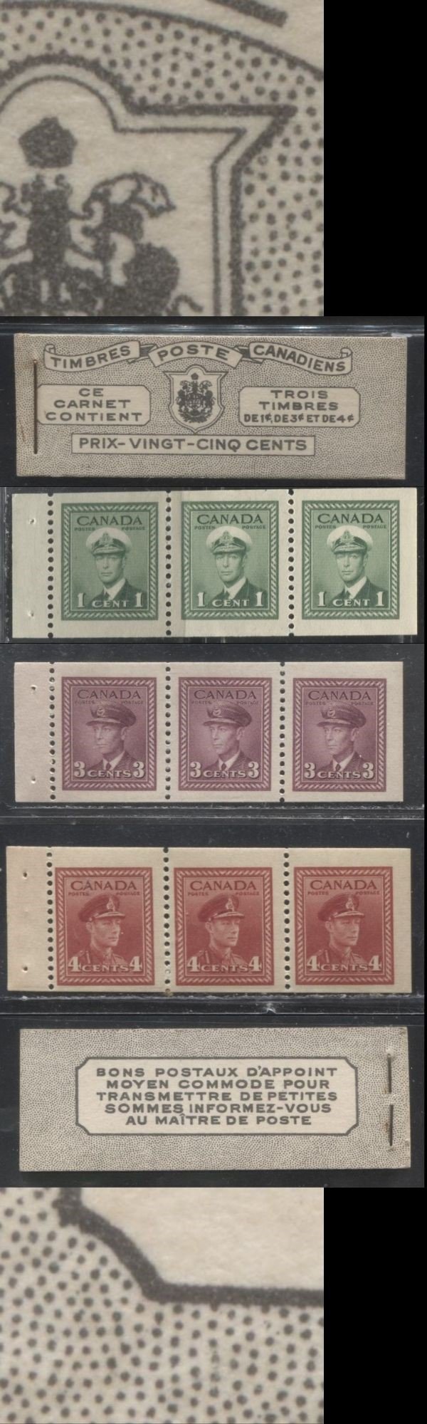 Lot 379 Canada #BK38a 1942-1949 War Issue Complete 25c, French Booklet Containing 1 Pane Each of 3 of 1c Green, 3c Rosy Plum and 4c Carmine Red, Harris Front Cover Type Ve , Back Cover Jv, 7c & 6c Rate Page, CBN-FFFFF Paper