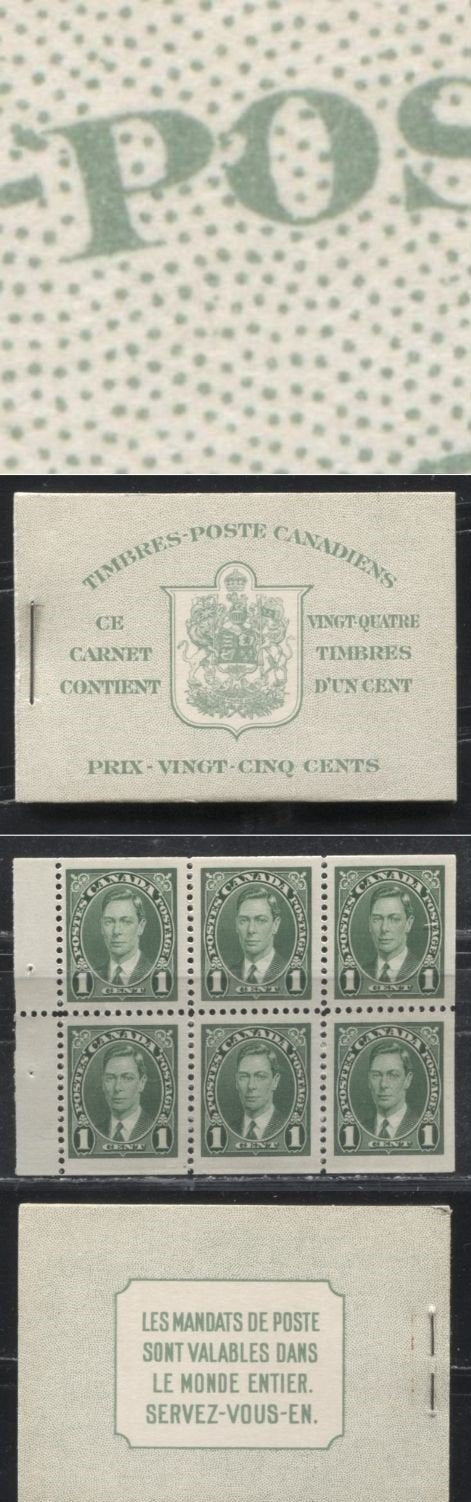 Canada #BK28bFIIk 1c Green King George VI 1937-1942 Mufti Issue, A VFNH Complete French Booklet Containing 4 Panes of 6, Cover type IIk, No Rate Page, Ribbed Panes