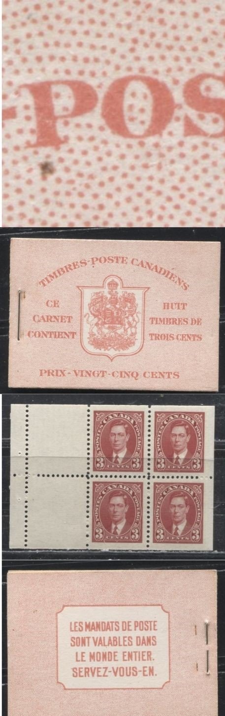 Canada #BK30cFIIn 3c Carmine Red King George VI 1937-1942 Mufti Issue, A FNH Complete French Booklet Containing 2 Panes of 4 + 2 Labels Of The 3c Carmine , Cover type IIn, 6c Airmail Rate, Ribbed Panes