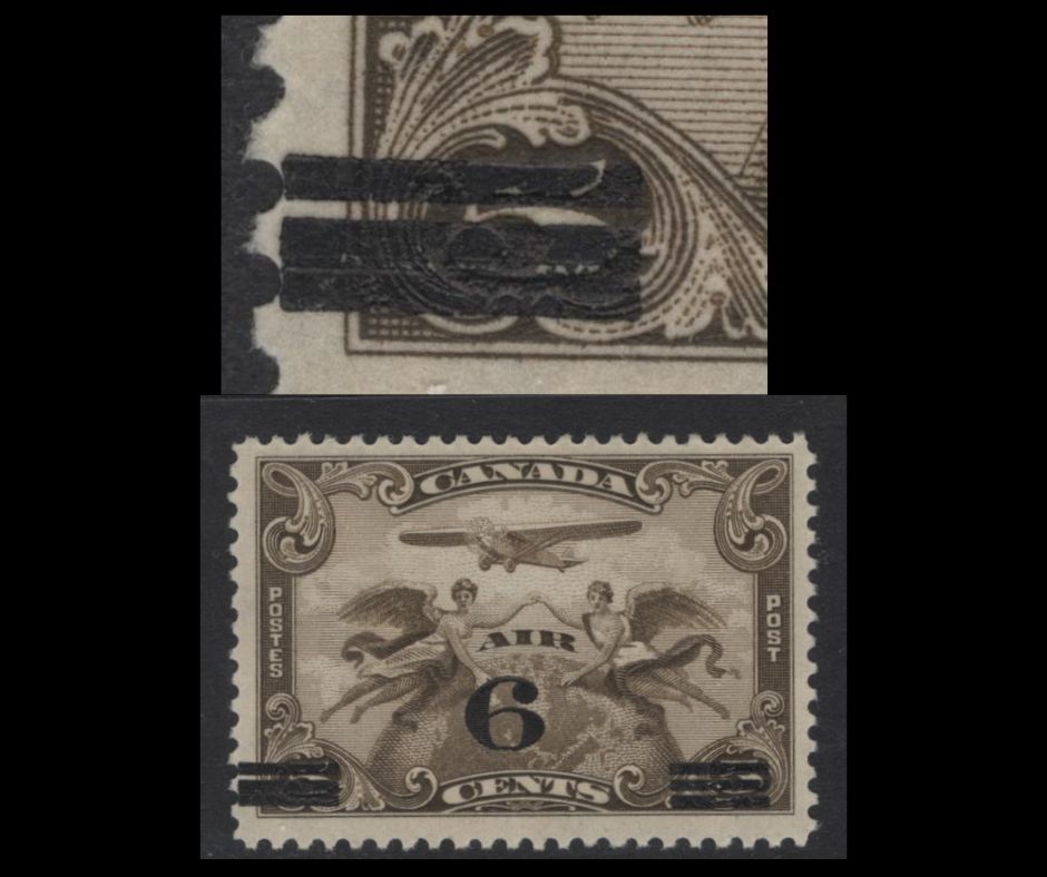 Lot 250 Canada #C3iii 6c on 5c Deep Olive Brown Winged Figures & Globe, 1932 Airmail Issue, A Very Good Used Single, Streaky Gum, Showing Squeezed Bars Of overprint At LL