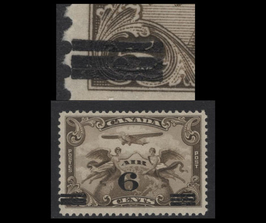 Lot 250 Canada #C3iii 6c on 5c Deep Olive Brown Winged Figures & Globe, 1932 Airmail Issue, A Very Good Used Single, Streaky Gum, Showing Squeezed Bars Of overprint At LL