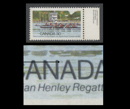 Lot 338 Canada #968ii 30c Multicoloured Rowing Competition, 1982 Henley Regatta Issue, A VFNH Single, Dot Between NA of Canada (Pos. 10), Possibly Tertiary, LF4/LF4 Paper