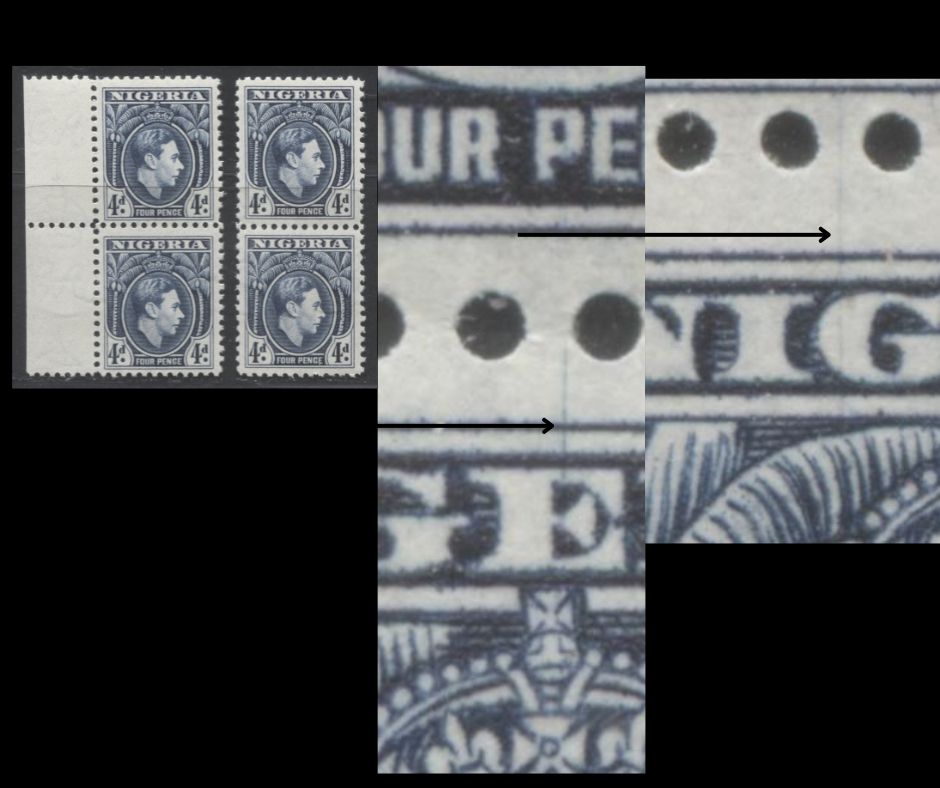 Lot 438 Nigeria #68var (SG#54avar) 4d Dark Blue King George VI, 1938-1952 King George VI Definitive Issue, 2 VFNH Vertical Pairs, Line Perf 12, Dec. 1944 Printing, Constant Vertical Scratches Through "E" & "G" of "Nigeria"