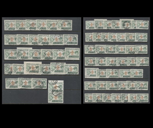 Lot 477 Canada #356 5c Green & Orange Brown Scouting Emblem, 1955 Scout Jamboree Issue, 71 VF Used Singles, With SON, Partial & Full  Dated CDS Town/RPO/CFPO Cancels & In-Period