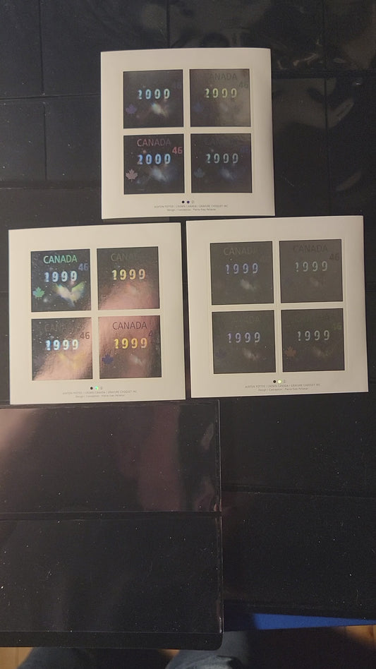 Canada #1812 46c Multicoloured Hologram Dove, 1999 Millennium Issue, 3 VFNH Souvenir Sheets Of 4 On DF, LF and HB JAC Paper That is LF On The Front