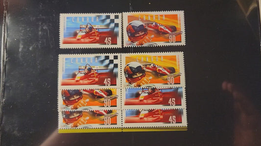 Lot 448 Canada  #1647-1648var 45c-90c Multicoloured Gilles Villenueve, 1997 Gilles Villeneuve Issue, 3 VFNH Pairs & 2 Singles On DF1/DF1, DF1/DF2, DF1/LF and DF1/F Coated Papers Paper