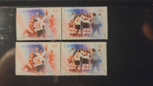 Lot 458 Canada  #1660ii, var 45c Multicoloured Paul Hederson's Winning Goal & Team Canada Celebrating, 1997 Series Of The Century, 2 VFNH Pairs  On NF/DF2 & NF/LF Coated Papers Paper