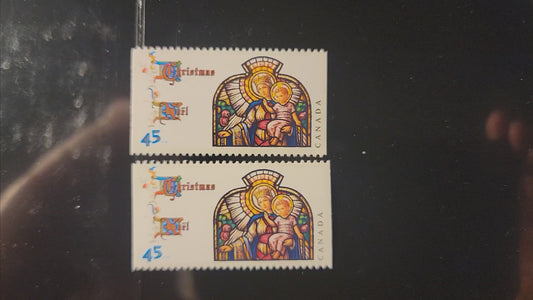 Lot 465 Canada  #1669as&var 45c Multicoloured Our Lady Of The Rosary , 1997 Christmas Issue, 2 VFNH Booklet Singles On NF/DF2 And NF/LF Coated Papers Paper