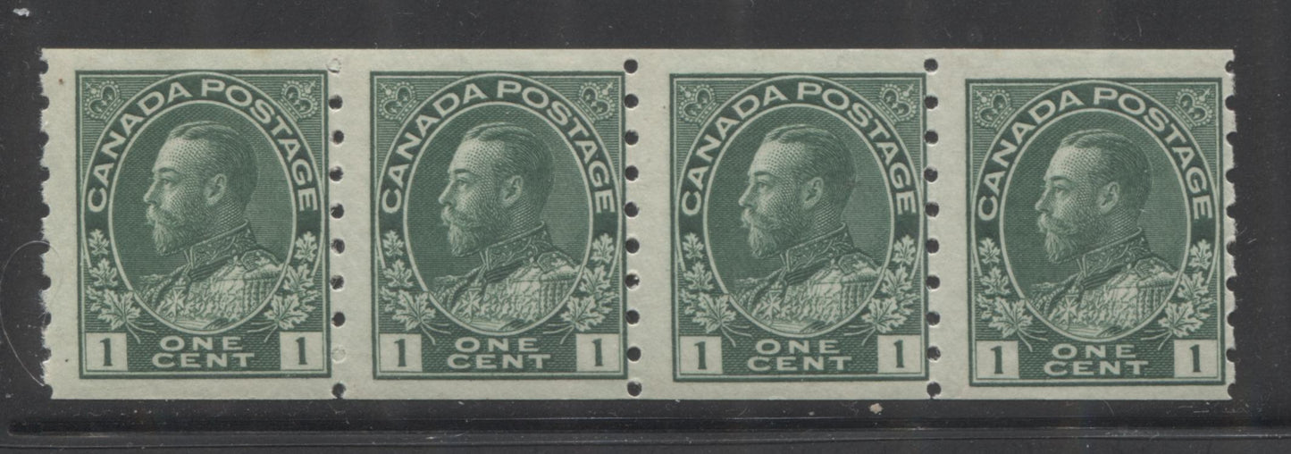 Canada #125ii 1c Bluish Green King George V, 1912-1928 Admiral Issue, A Fine NH Coil Strip of 4, Perf. 8 Vertically