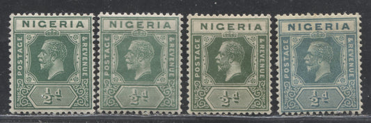 Nigeria SG#15b 1/2d Green King George V Issue 1921-1934 De La Rue Imperium Keyplate Design, Die 2. Four F/VF Examples, All From Different Printings