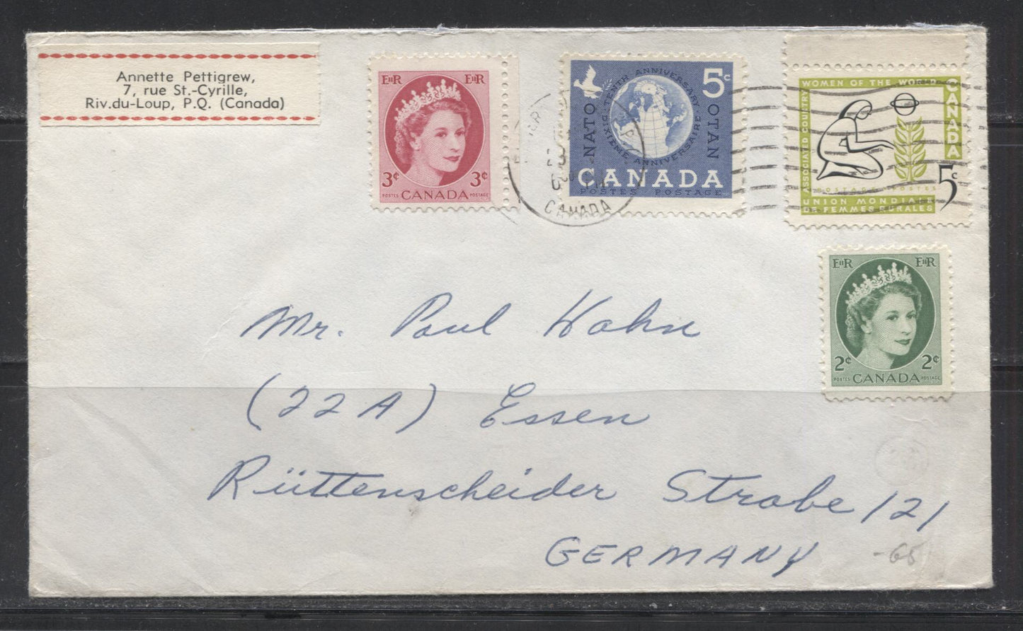 Canada #338/385 2c Green - 5c Apple Green & Black Queen Elizabeth II, NATO & Stylized Kneeling Woman, 1954-1962 Wilding Issue & 1959 Commemoratives,  May 1959 15c Airmail Cover to Germany With Mixed Franking