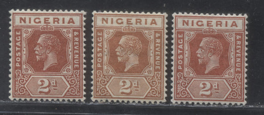 Nigeria SG#19 2d Chestnut Brown, Deep Chestnut Brown And Orange Brown King George V Issue 1921-1934 De La Rue Imperium Keyplate Design, Three VF Examples Of Different Printings
