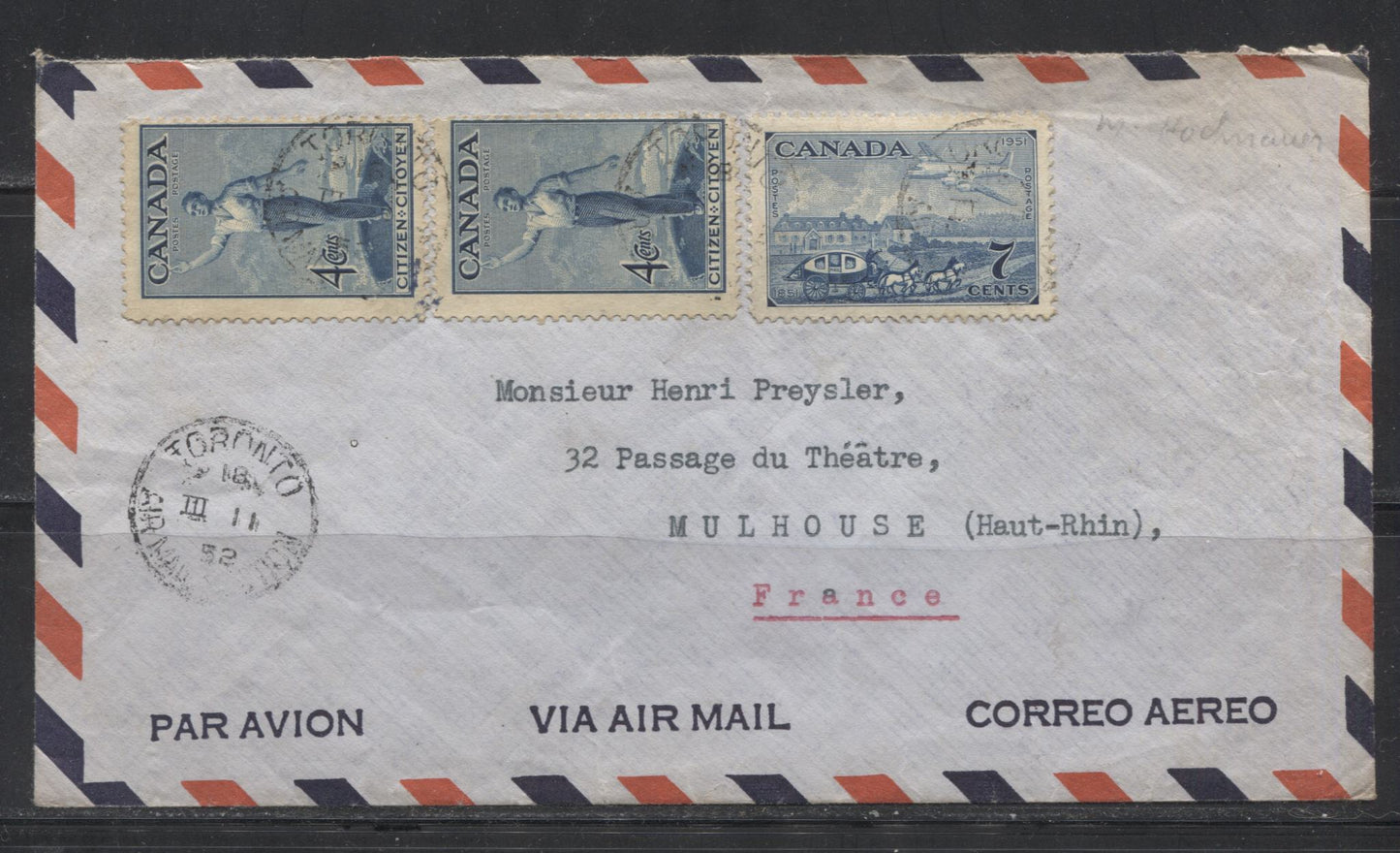 Canada #275, 313 4c Dark Blue & 7c Deep Ultramarine Citizen & Mail Coach, 1947 Citizenship Issue & 1951 Capex Issue, March 1952 15c Airmail Cover to France