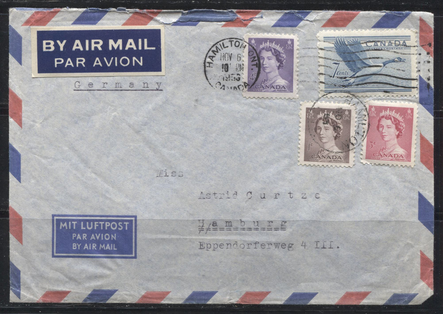 Canada #320/328 1c Violet Brown - 4c Violet Queen Elizabeth II & Canada Goose, 1952-54 Karsh Issue, November 1953 15c Airmail Cover to Germany With 4 Stamp Franking