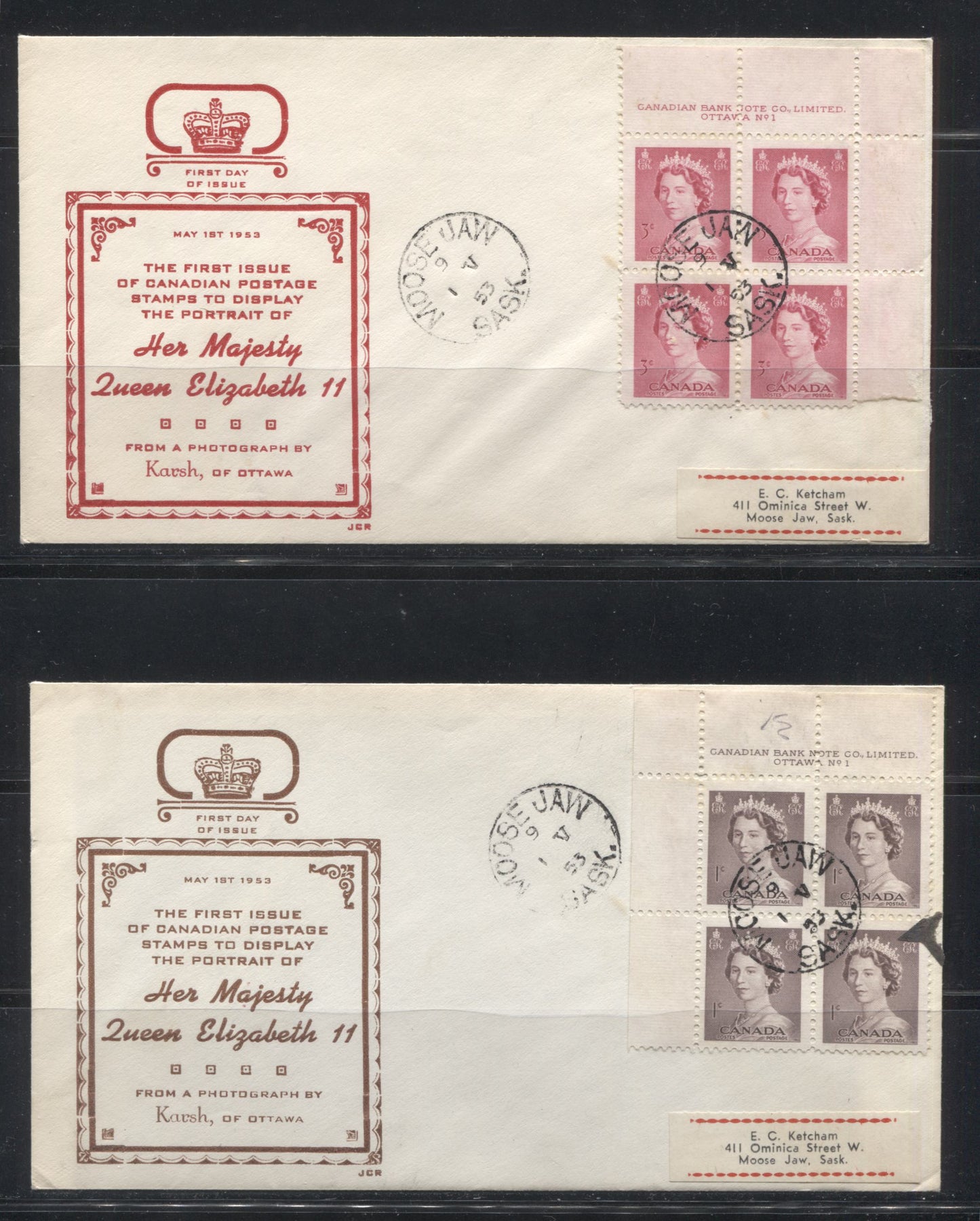 Canada #325, 327, 328 A Block of 4 1c Violet Brown Queen Elizabeth II, A Block of 4 of 3c Carmine Rose Queen Elizabeth II and a Block of 4 of the 4c Violet Queen Elizabeth II, 1953 Karsh Issue A Set of 3 First Day of Release Covers With Blocks