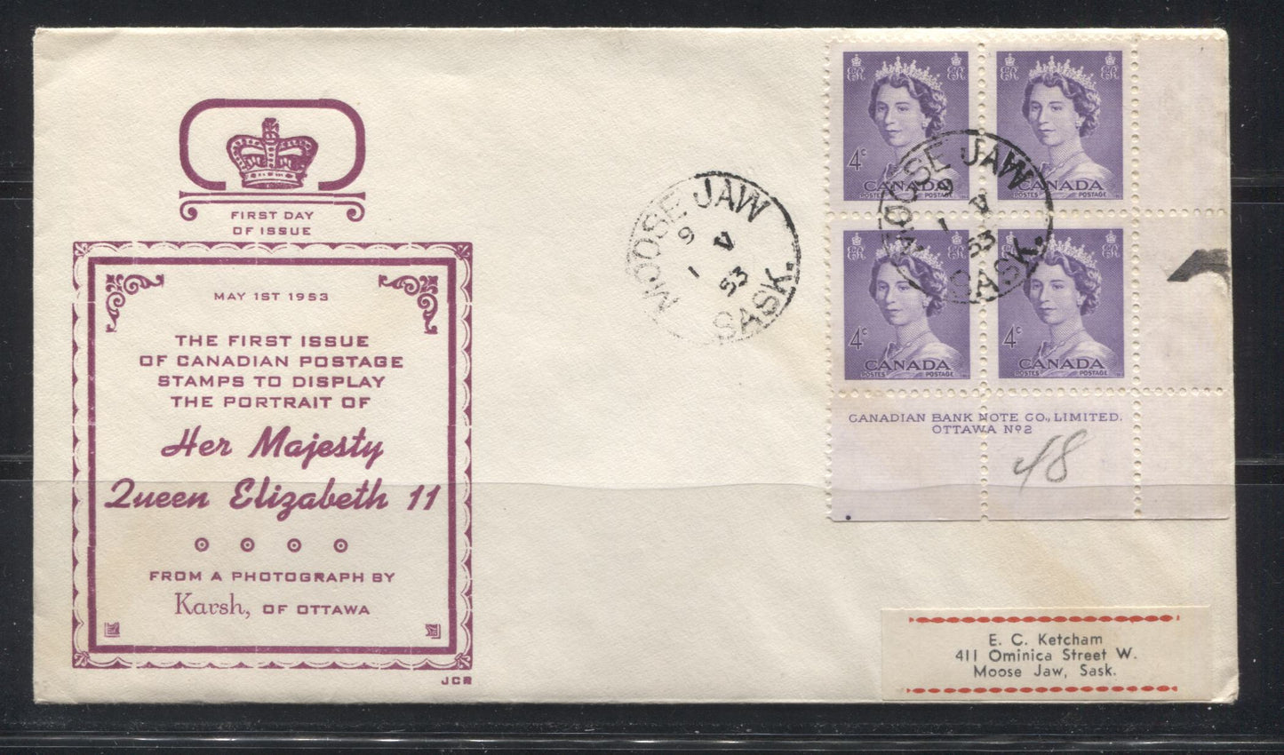 Canada #325, 327, 328 A Block of 4 1c Violet Brown Queen Elizabeth II, A Block of 4 of 3c Carmine Rose Queen Elizabeth II and a Block of 4 of the 4c Violet Queen Elizabeth II, 1953 Karsh Issue A Set of 3 First Day of Release Covers With Blocks