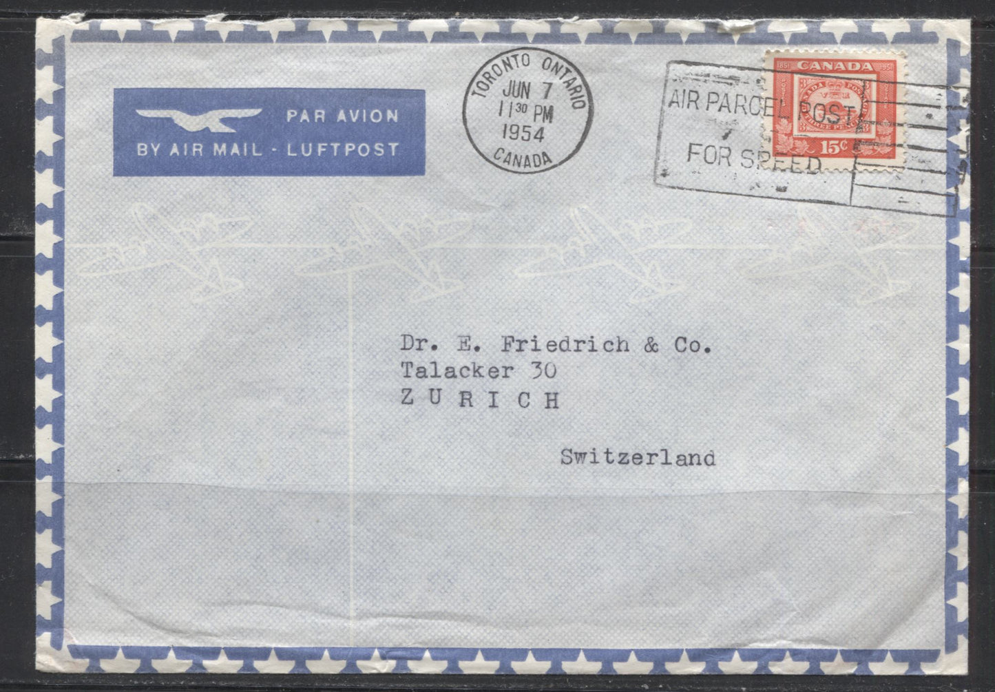 Canada #314 15c Vermilion Threepenny Beaver, 1951 CAPEX Issue, Single Franking on 15c Airmail Cover to Switzerland, Sent June 1954