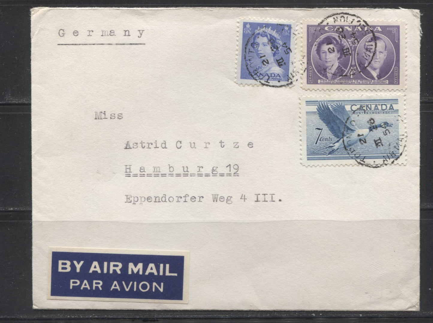 Canada #315/329 4c Violet - 5c Ultramarine Queen Elizabeth II, Prince Philip & Canada Goose, 1951 Royal Visit & 1952-54 Karsh Issue March 1954 16c Overpaid Airmail Cover to Germany With Mixed Franking