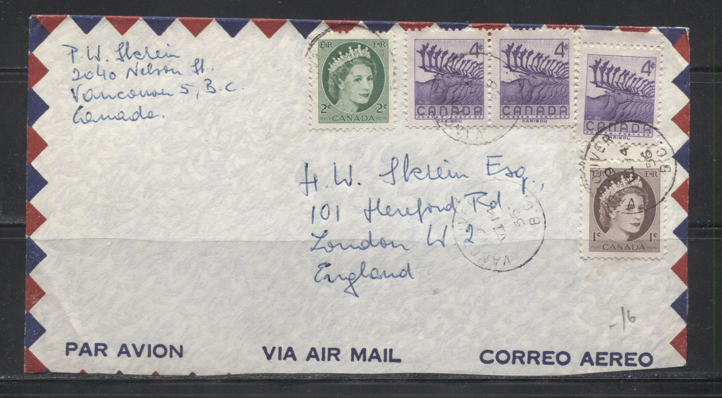 Canada #337/360 1c Violet Brown - 4c Purple Violet Queen Elizabeth II & Caribou, 1954-62 Karsh Issue & 1956 Wildlife Week Issue, June 1956 15c Airmail Cover to UK With Mixed Franking