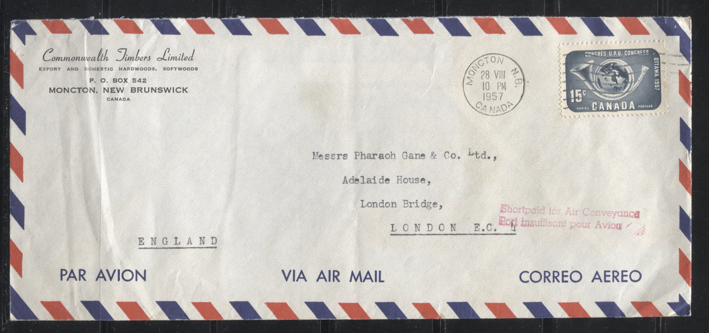 Canada #372 15c Blackish Blue Posthorn & Globe, 1957 UPU Congress Issue, Single Usage on August 28, 1957 Shortpaid Double Airmail Cover to UK, Sent Surface