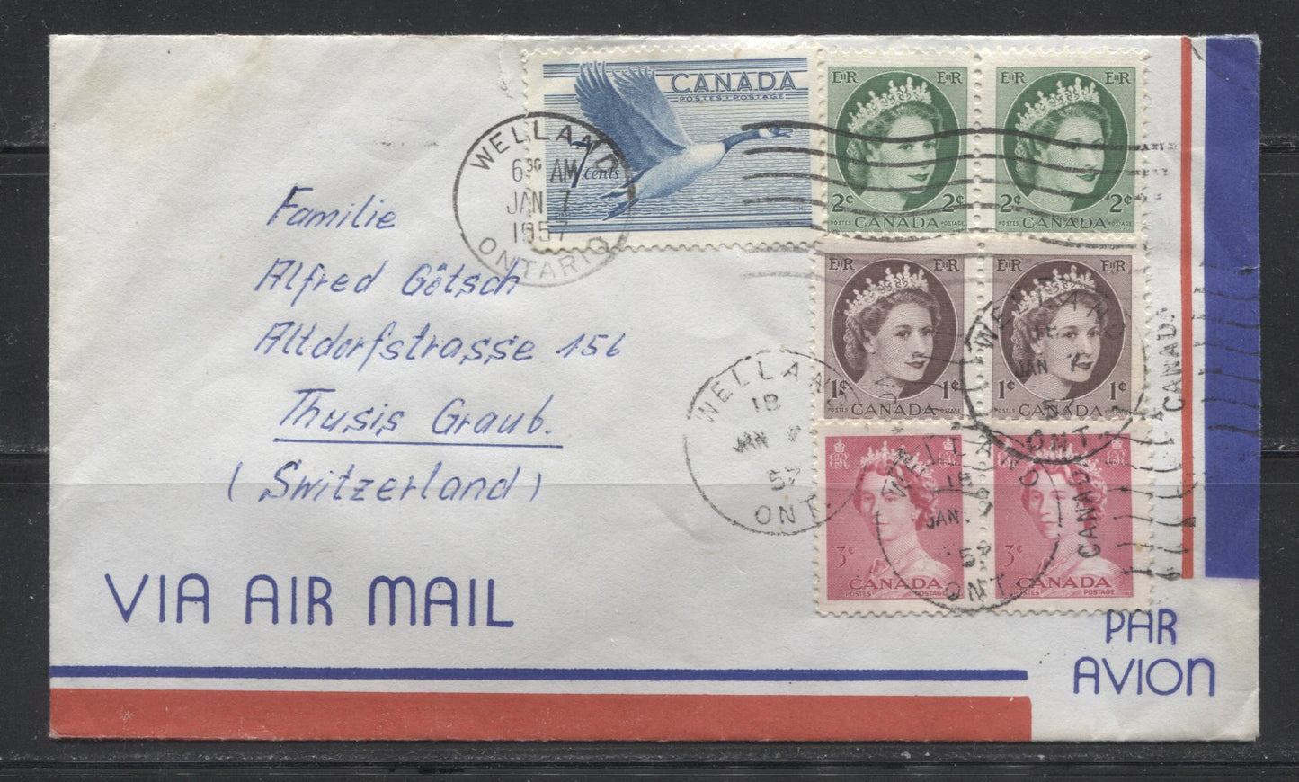 Canada #320/338 7c Grey Blue - 2c Green Canada Goose & Queen Elizabeth II, 1952-53 Karsh Issue & 1954-62 Wilding Issue 1957 19c Overpaid Airmail Cover to Switzerland With Mixed Wilding-Karsh Franking